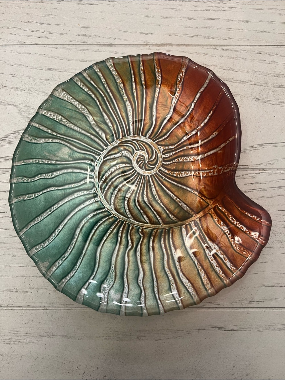 Nautilus Ammonite Shell Trinket Dish Aqua Copper Metallic Coastal Decor